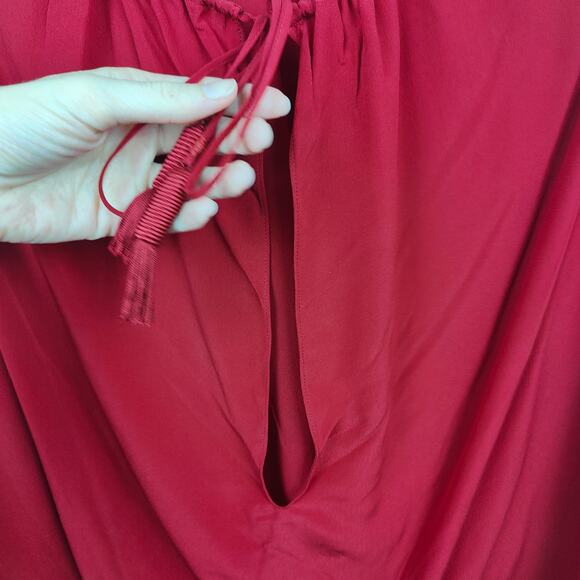 Saint Laurent Blouse Womens FR 40 US 8 Red Silk Puff Sleeve Drawstring Neckline - Picture 3 of 13